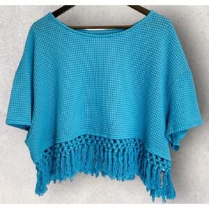 Shein Curve Top Womens 4XL Fringed Soft Stretch Knit Short Sleeve Blue Cropped